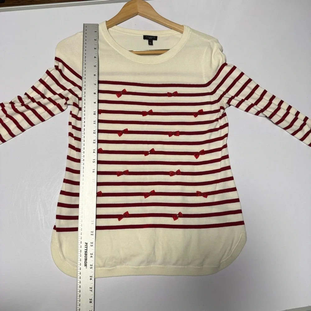 Talbots‎ Women’s Sweater Size MP Ivory Red Stripe Bow Embellished Tunic Pullover